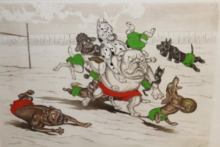 Boris Oklein, group of four coloured etchings, caricatures of dogs including Rugby, 21 x 30cm