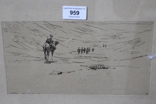 Three various black and white prints, desert scenes with camels, modern print 'Datia Heptagon '