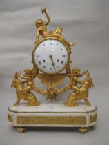 Fine French ormolu and marble mantel clock by Lepine, the drum form case with convex enamel dial and