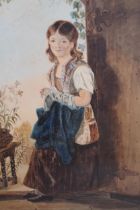 19th Century watercolour, study of a girl standing in a doorway, 34 x 24cm, gilt framed