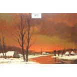 Uhlman 20th century oil on canvas applied to board, winter river landscape at sunset, framed x 25