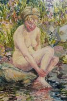 Oil on board, female bather by a rock pool, signed Flodman, 52 x 37cm In good condition