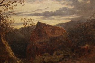 19th Century oil on millboard, landscape at sunset with figure near an old watermill, indistinctly