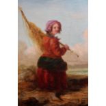 F. Flanders small 19th Century oil on canvas, study of a fisherwoman, gilt framed, 20 x 14cm