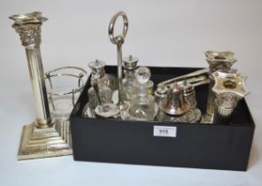 Pair of plated dwarf candlesticks, similar larger candlestick, miscellaneous other items of silver