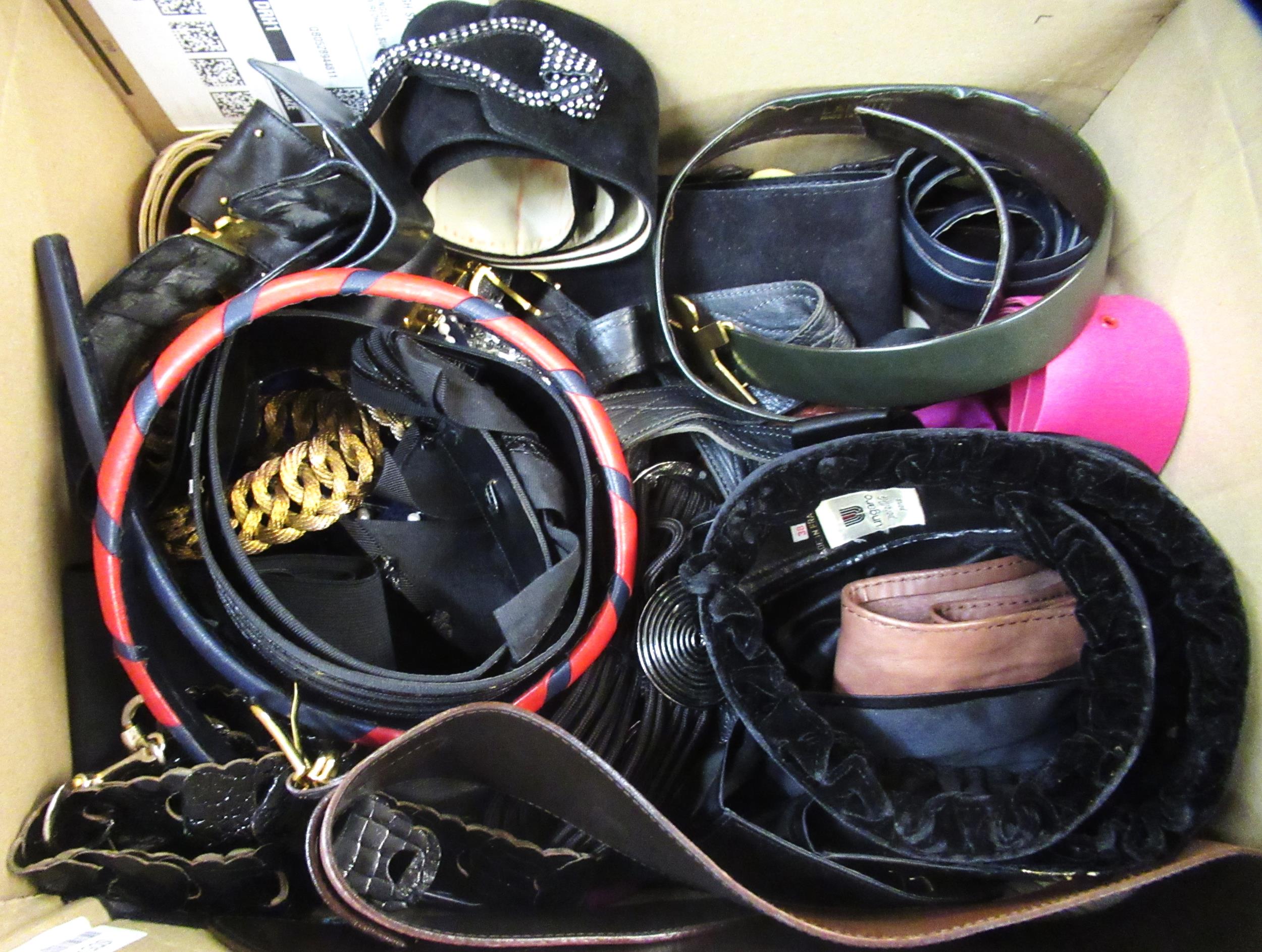 Box containing a large quantity of various ladies belts including Lanvin, Charles Jourdin, Emanuel