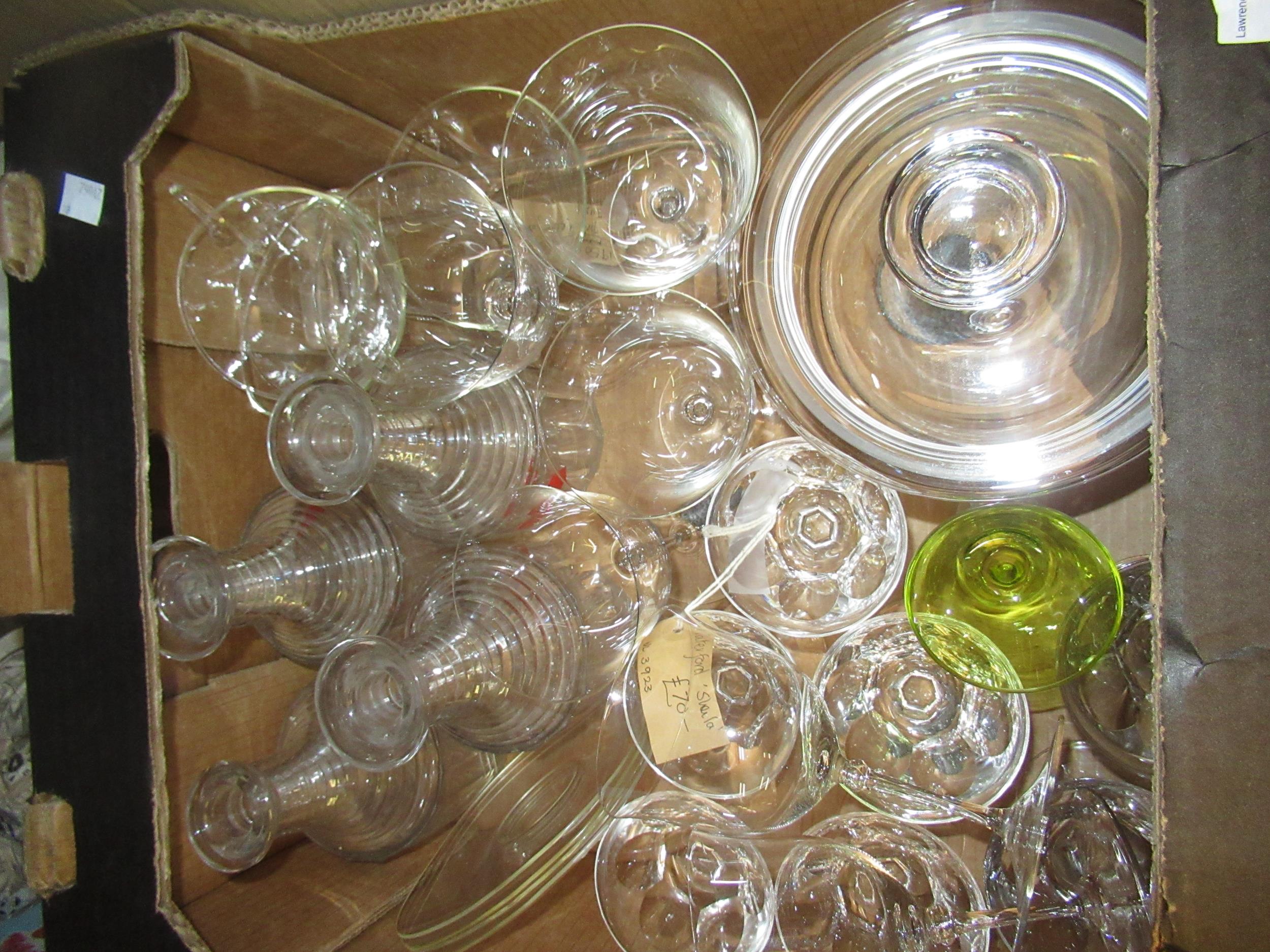 Seven small Waterford ' Sheila ' glasses, group of four 19th Century decanters and other