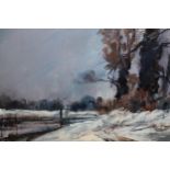 Attributed to Edward Wesson, oil on paper laid on board, winter river landscape, 20 x 29cm