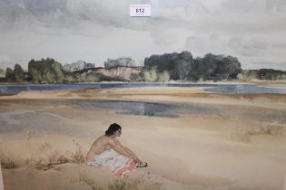 Sir William Russell Flint signed coloured print, nude female on a beach, with blind stamp, 48 x 62cm