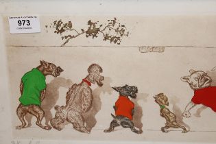 Boris Oklein, group of four coloured etchings, caricatures of dogs, 17 x 43cm