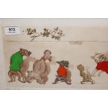 Boris Oklein, group of four coloured etchings, caricatures of dogs, 17 x 43cm