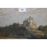 Sir Herbert Hughes Stanton, pastel, distant Continental hilltop building in a landscape, 22 x