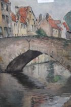 Kate Tizard, watercolour, canal scene - Bruges, signed, 35 x 29cm, in an Arts and Crafts silvered