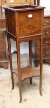 Edwardian mahogany line inlaid jardiniere stand, with undertier on square tapering supports, 99cm