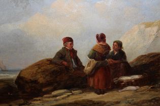 19th Century English School oil on panel, fisherfolk on a beach, indistinctly signed, framed, 18 x