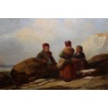 19th Century English School oil on panel, fisherfolk on a beach, indistinctly signed, framed, 18 x