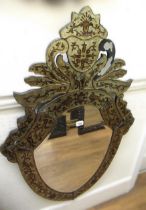 Reproduction Venetian style shield shaped wall mirror with shaped surmount and reverse painted C-