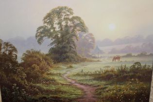 Christopher Osborne, oil on board, rural scene at sunrise with a horse before a distant cottage,