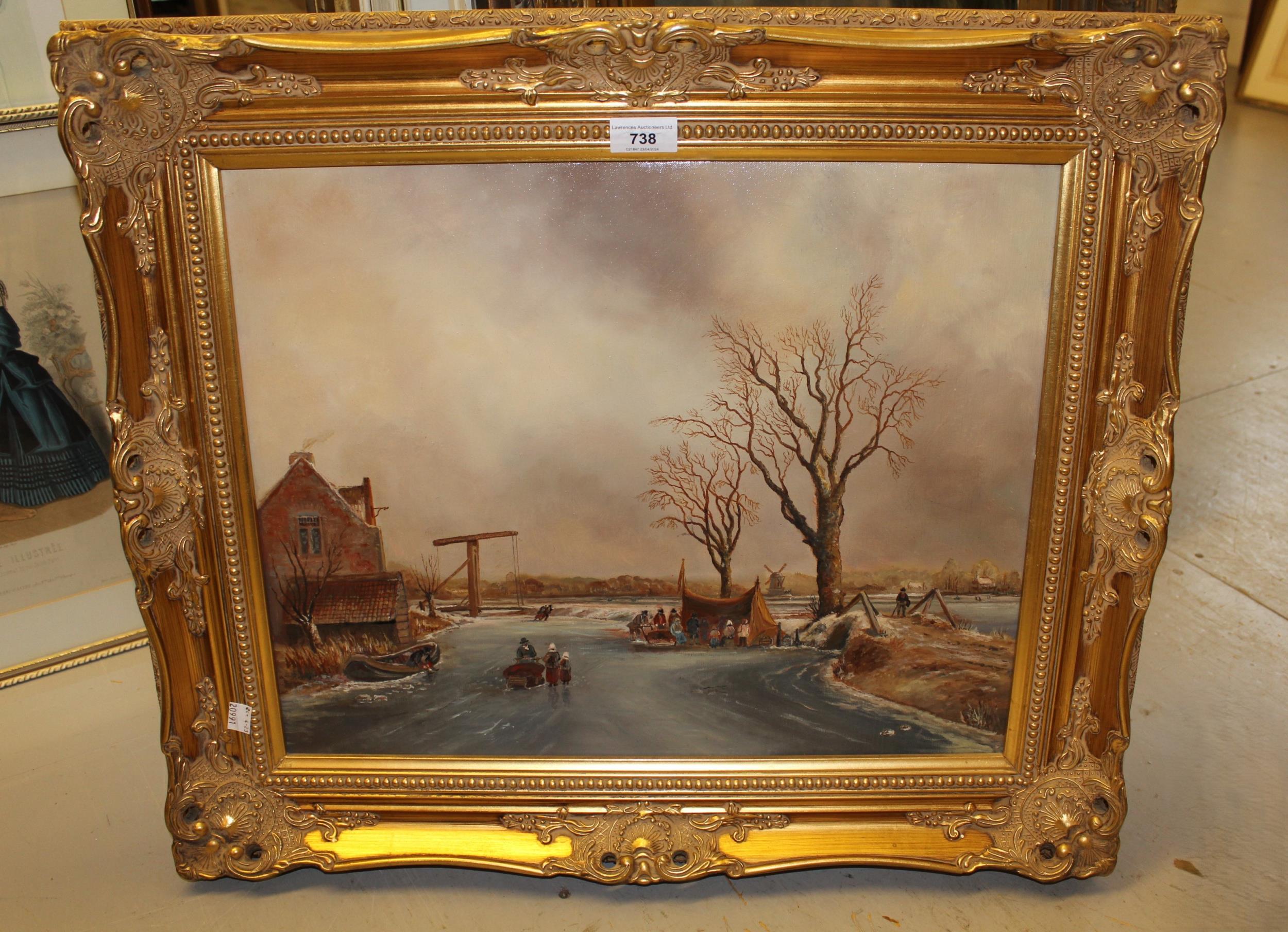 20th Century Dutch school, oil on canvas, frozen river scene with figures, buildings and a - Image 2 of 2