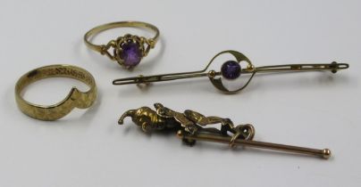 Two 9ct gold dress rings, 9ct gold bar brooch and a yellow metal ' Punch ' charm