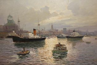 Licinio Campagnari, Italian school oil on canvas, shipping in Continental port, 61 x 91cm