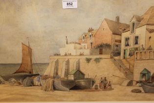 Watercolour, coastal scene with figures and boats before a quayside and cottages, indistinctly