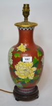 Chinese cloisonne baluster form vase mounted as a lamp base decorated with Chrysanthemum on a red