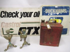 Shell petrol can, an enamel sign for Castrol GTX and and an aluminium sign for Duckhams, together