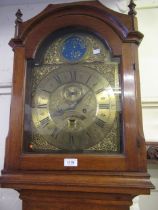 George III oak longcase clock, the arched hood above and arched door and reduced height plinth base,