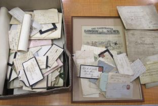 Box containing a quantity of various indentures, a quantity of various early postal envelopes,
