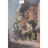 Early 20th century, oil on canvas loosely laid down, figures in an Eastern street, 38 x 49cm