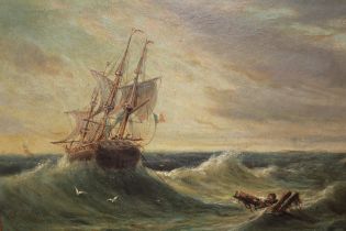 19th Century oil on canvas, seascape with a French merchant sailing ship attending a shipwrecked