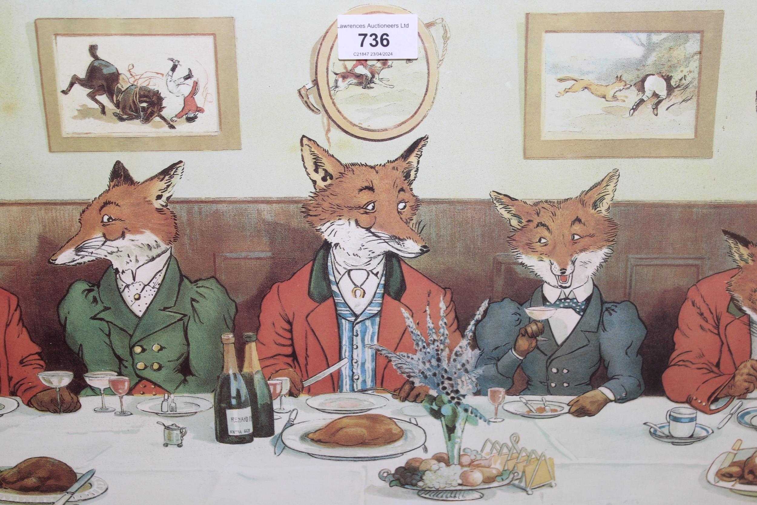 Framed colour print ' Mr Fox's Hunt Breakfast on Christmas Day ', 27 x 55cm, framed, together with