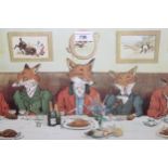 Framed colour print ' Mr Fox's Hunt Breakfast on Christmas Day ', 27 x 55cm, framed, together with