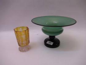 19th Century amber flash etched and cut glass pedestal goblet, together with a modern green and