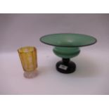 19th Century amber flash etched and cut glass pedestal goblet, together with a modern green and