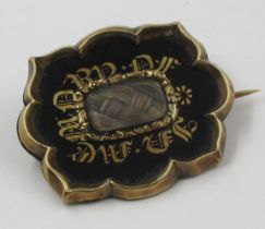 Victorian yellow metal and black enamel hair inset memorial brooch This is not marked, looks to be