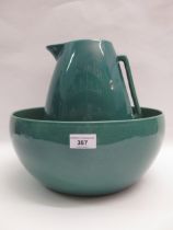 Large Ashtead Potters Art Deco jug and wash basin in jade colour way, 30cm high x 32 diameter