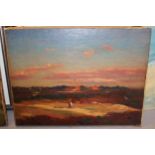 Impressionist school, oil on canvas, figure in a sunset landscape with distant cottages, 31 x