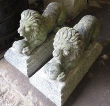 Pair of weathered cast concrete figures of recumbent lions, 66 x 40cm approximately