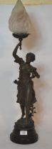 19th Century spelter figural table lamp with glass torch shade Pitting and marks to spelter - no