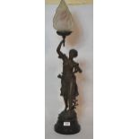 19th Century spelter figural table lamp with glass torch shade Pitting and marks to spelter - no
