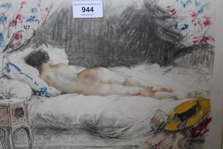 Antoine Calbet, pair of artist signed etchings, female nudes sleeping, 25 x 31cm, gilt framed