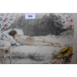 Antoine Calbet, pair of artist signed etchings, female nudes sleeping, 25 x 31cm, gilt framed