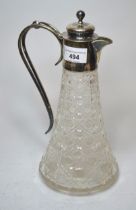 Early 20th Century hobnail cut glass claret jug with London silver mounts and handle, 27cm high