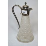 Early 20th Century hobnail cut glass claret jug with London silver mounts and handle, 27cm high