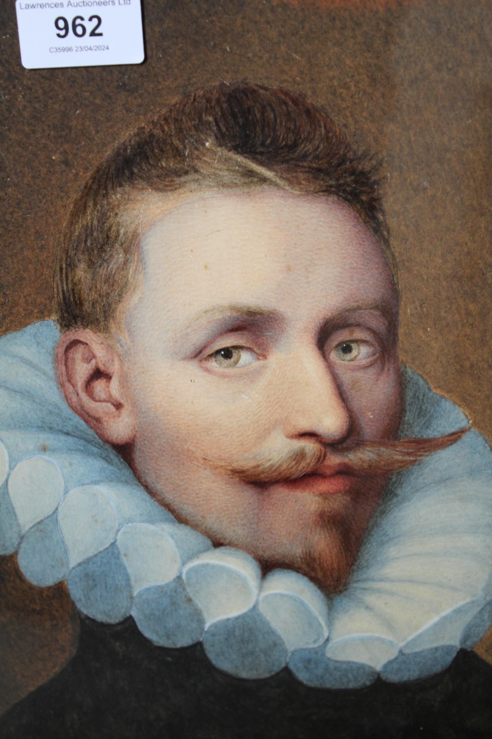 19th Century watercolour, head and shoulder portrait of a 16th century gentleman in miniaturist