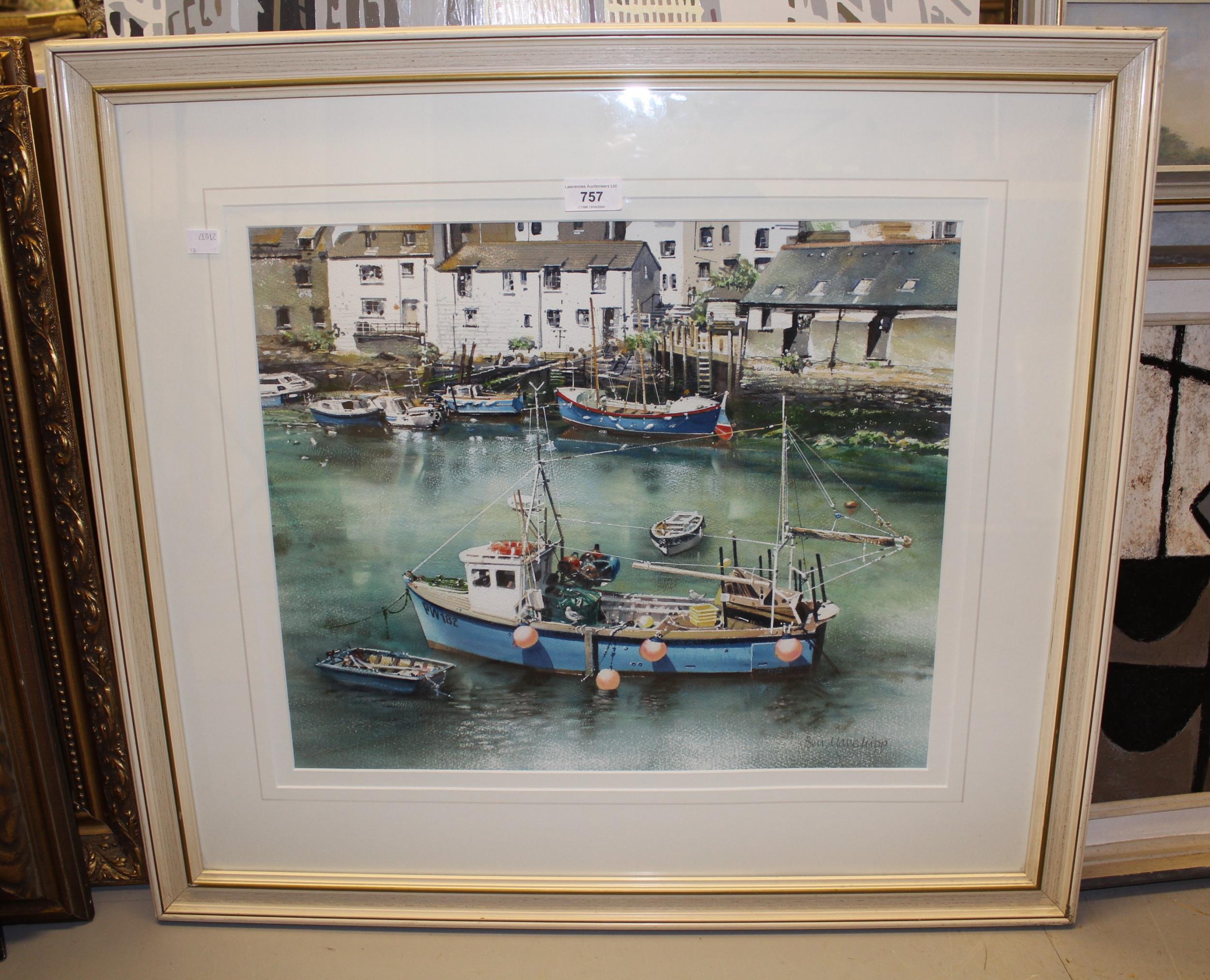 Ben Manchipp, watercolour of Polperro harbour with various fishing boats, signed, framed 40 x 48cm - Image 2 of 2