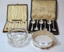 Set of six Birmingham silver coffee spoons in fitted box, another set of silver coffee spoons with