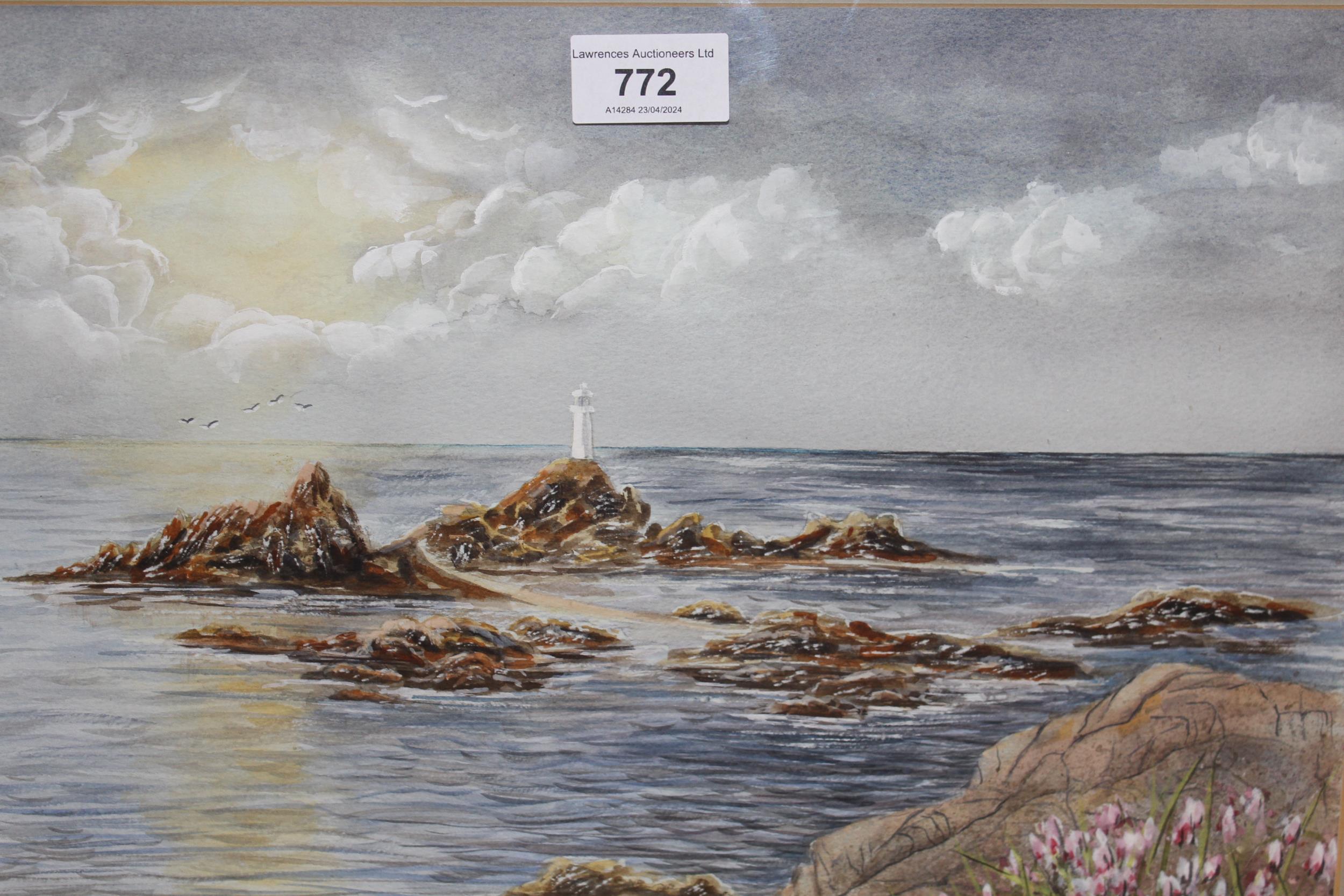 Joan Turpin, watercolour, coastal scene with lighthouse, signed, gilt framed, bearing label verso,